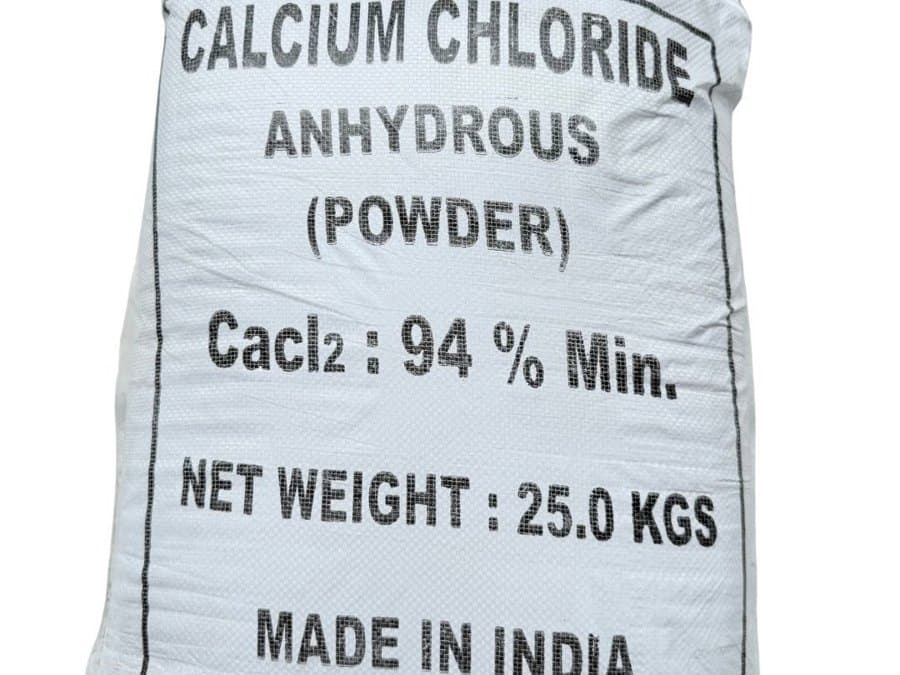 A 25 kg bag labelled Calcium Chloride Anhydrous Powder, CaCl2 94% min, made in India